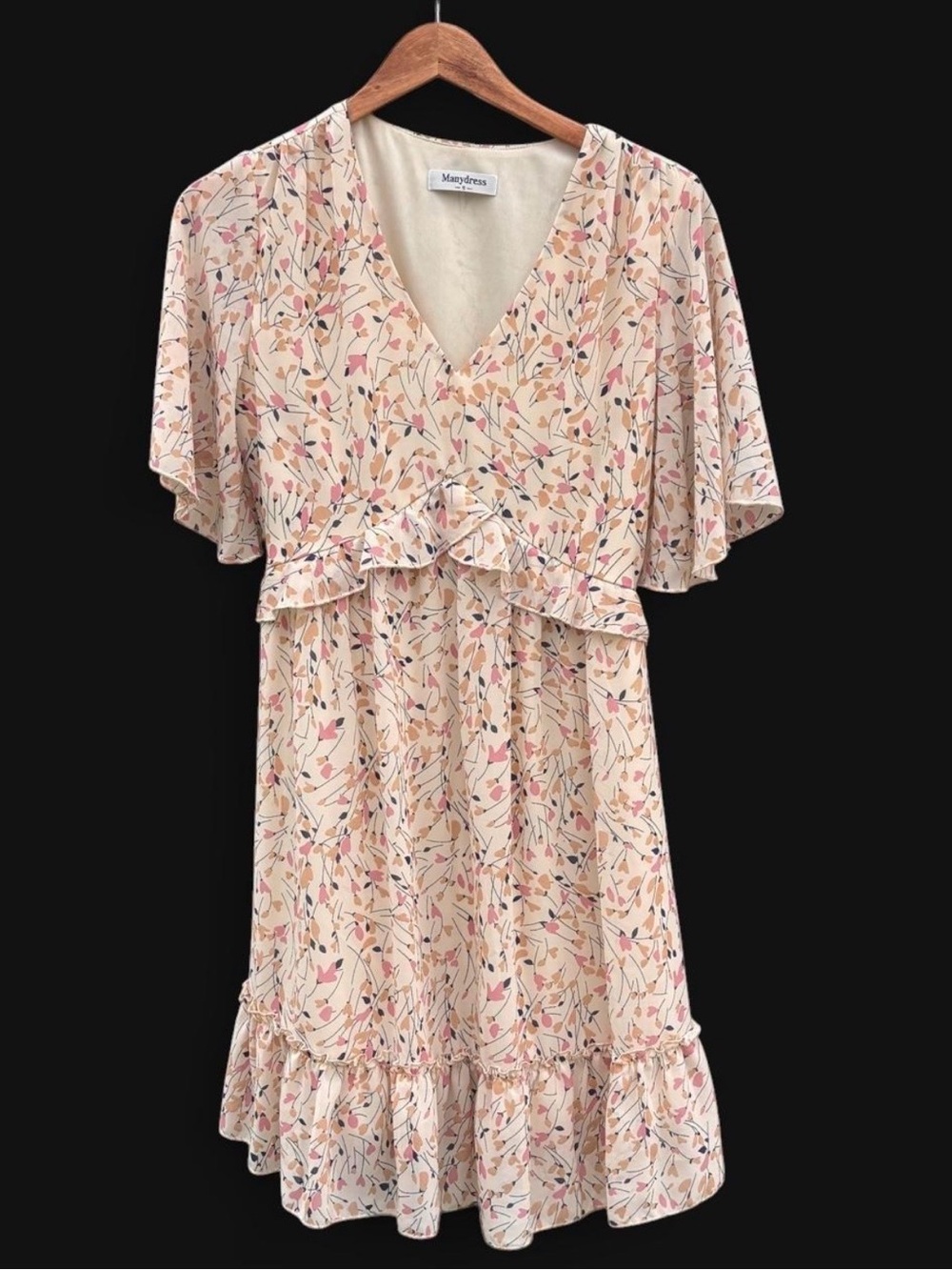 Manydress Cream Floral Ruffle V-Neck Dress